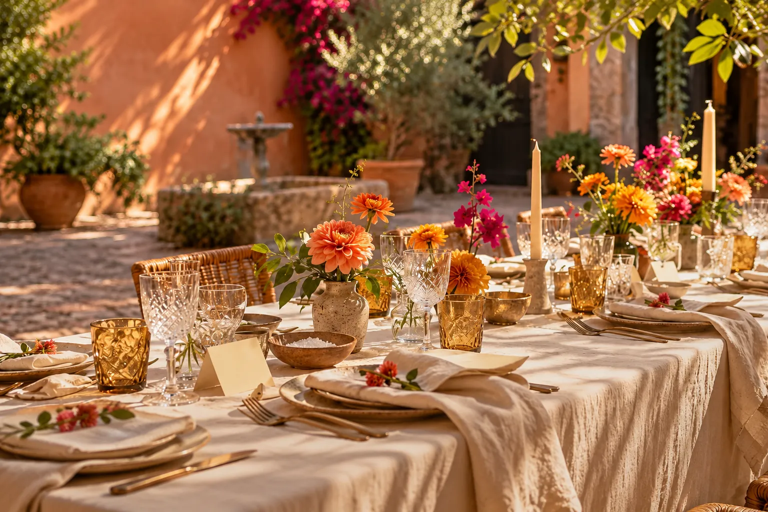 Una mesa de boda al aire libre con flores naranjas, velas y copas, en un patio con buganvillas.